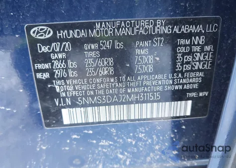 2021 Hyundai Santa Fe Sel из США, поврежденный, VIN 5NMS3DAJ2MH311515